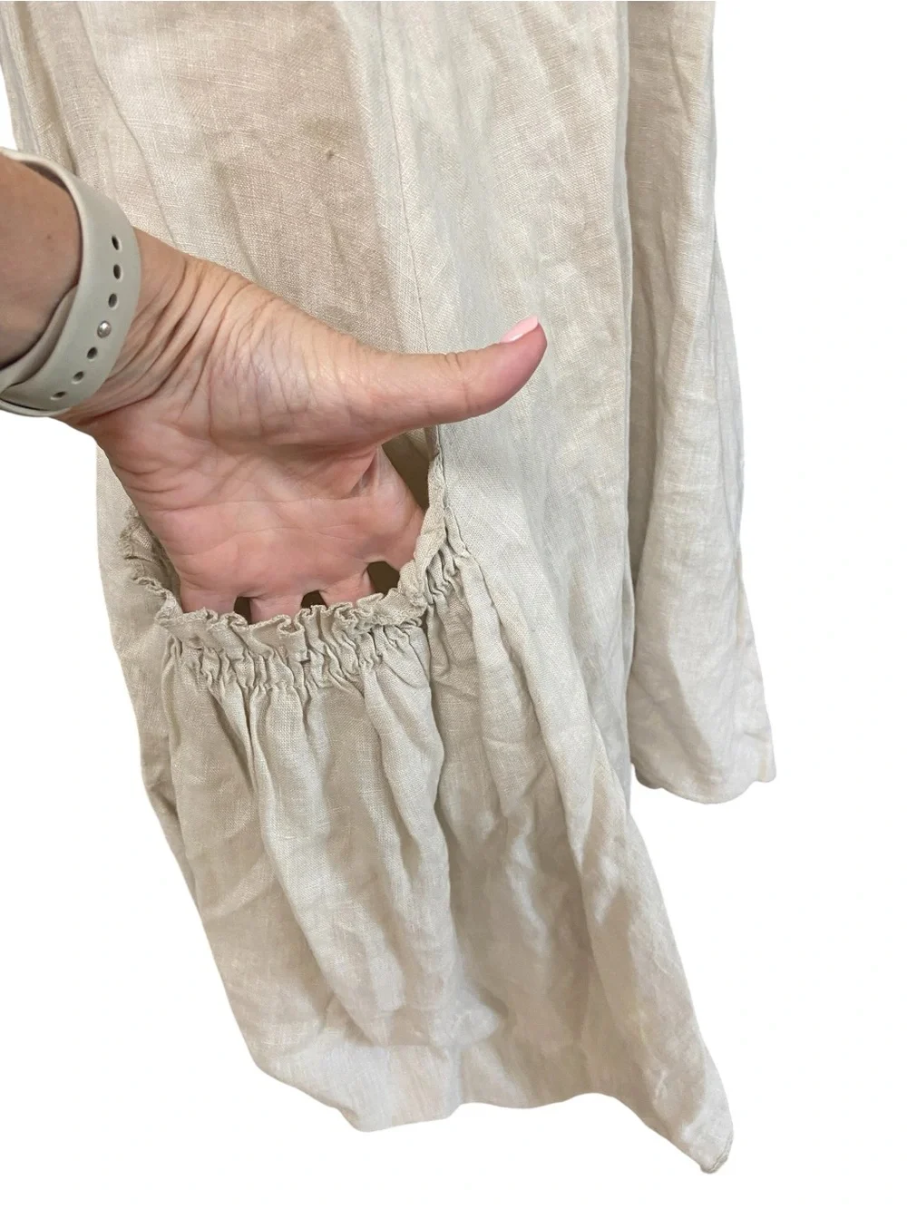 NYLL Italia 100% Linen Parachute Dress Flax Size M Ruched Boho Lagenlook Casual